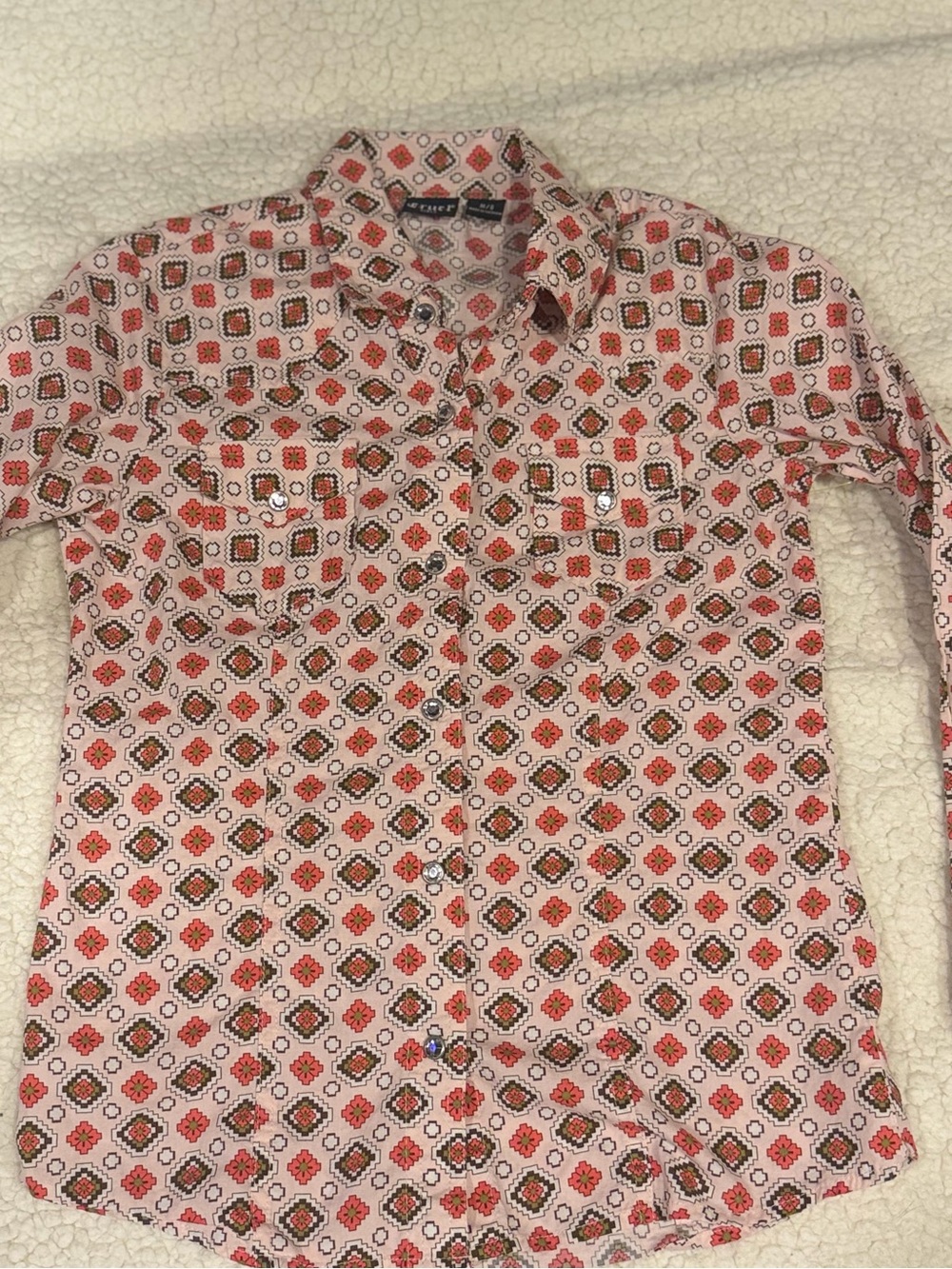 Cruel Girl Pink and Brown Geometric Print pearl snap rodeo Button-Down Shirt